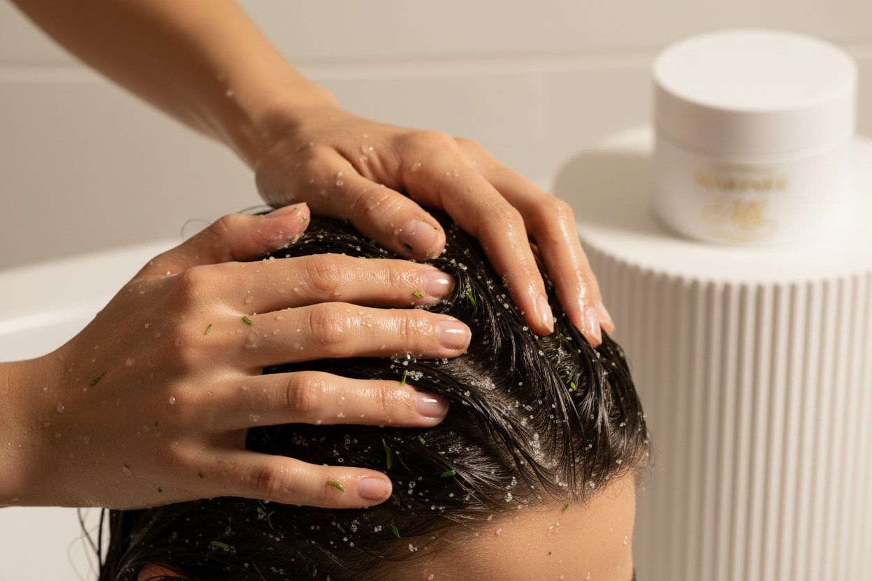 Scalp Scrub – Bliži kadar ruku u kosi